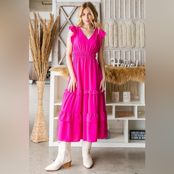 Reborn J V-Neck Ruffle Trim Tiered Midi Dress - Picture 1 of 5